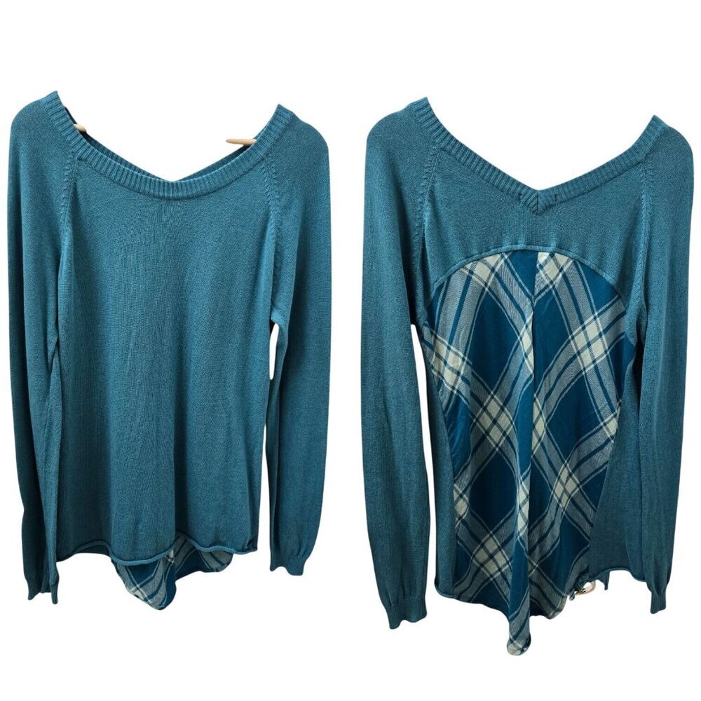 Prana Sweater Top Womens Large Teal Plaid Organic Cotton V-back Lightweight